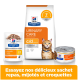 Nourriture pour chats Hill's Prescription Diet Urinary Care c/d multicare en forme sèche, sachet et boîte, avec image de chat et texte en français.