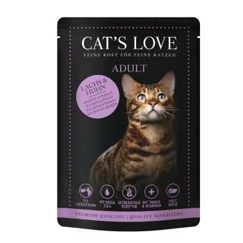 Cat's Love Erwachsenenfutterverpackung mit einem Nahaufnahme eines Bengal-Katzes, mit Text, der "71% Lachs & Huhn" und "100% natürlich" hervorhebt.
