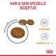 Hundefutterkroketten mit dem Etikett "Haar & Haut Spezielle Rezeptur" mit Symbolen für Vitamine und Omega-3 & -6, mit einer vergrößerten Kroketten.