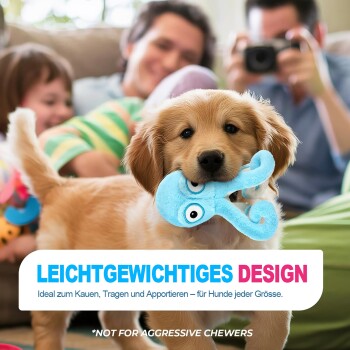 Golden-Retriever-Welpe mit blauem Oktopus-Spielzeug, Menschen unscharf; Text: 'LEICHTGEWICHTIGES DESIGN', '*NICHT FÜR AGGRESSIVE KAUER'