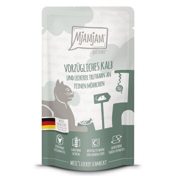 MjAMjAM Nassfutter Katze Adult, Quetschie, Kalb und Truthahn an Möhrchen 12x125 g