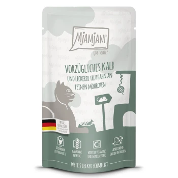 Pochette de nourriture pour chat MJAMJAM, vert et blanc avec silhouette de chat ; texte allemand «Vorzügliches Kalb...» (veau exquis) et drapeau allemand.