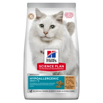 Hills Science Plan Hypoallergenic Adult mit Insektenprotein 7 kg Hill's Science Plan hypoallergenes Katzenfutter, das eine weiße Katze auf der Vorderseite zeigt, mit der Aufschrift 'Vom Tierarzt empfohlen' und 'Keine Körner.'