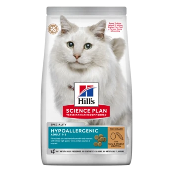 Hill's Science Plan hypoallergenes Katzenfutter, das eine weiße Katze auf der Vorderseite zeigt, mit der Aufschrift 'Vom Tierarzt empfohlen' und 'Keine Körner.'
