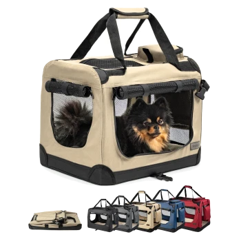 Tragetasche für Haustiere in Beige mit Netzfenstern, mit einem weichen Innenraum und Traggriffen, zusammen mit Farboptionen präsentiert.