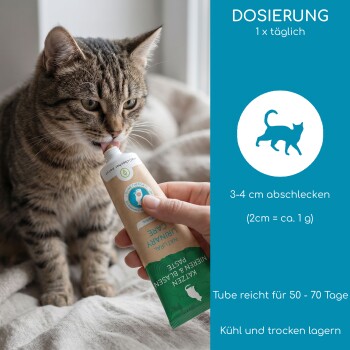 Getigerte Katze leckt Paste aus einer von einer Hand gehaltenen Tube; blaues Feld: 'DOSIERUNG 1 x täglich' und '3-4 cm abschlecken'.