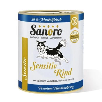 Dosen-Hundefutter "Sanoro Sensitiv Rind" mit einer schwarz-weißen Hundegrafik, enthält 20% Rindfleisch, Reis und Karotten.