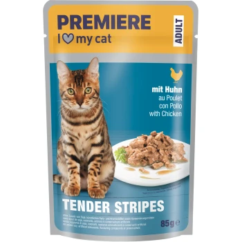 Kieszonka karmy PREMIERE 'TENDER STRIPES' z kotem bengalskim i talerzem kurczaka; widoczny tekst 'I ♥ my cat', 'with Chicken', 85g.