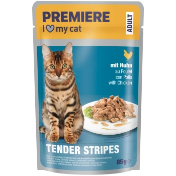PREMIERE Katzenfutterbeutel „TENDER STRIPES“ mit einem Bengal-Kater und einem Teller mit Hähnchen, sichtbarer Text „I ♥ my cat“, „with Chicken“, 85 g.