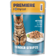 PREMIERE Katzenfutterbeutel „TENDER STRIPES“ mit einem Bengal-Kater und einem Teller mit Hähnchen, sichtbarer Text „I ♥ my cat“, „with Chicken“, 85 g.