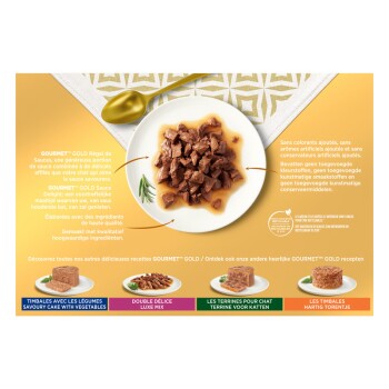 Assiette de pâtée pour chat en morceaux dans une sauce, avec une cuillère dorée, marque « GOURMET™ GOLD » et petites étiquettes de variétés de produits en bas