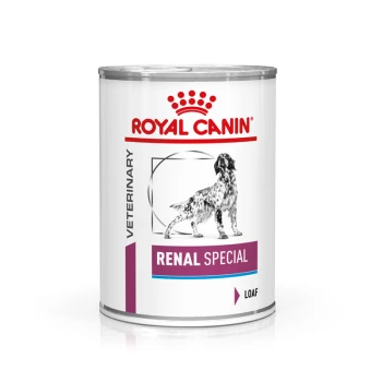 Nourriture en conserve pour chien de Royal Canin étiquetée "Renal Special," avec un dessin d'un chien et le mot "LOAF" à l'avant.