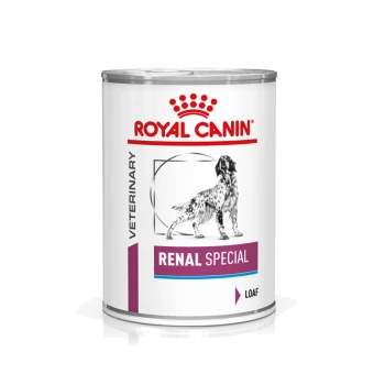 Blik hondenvoer van Royal Canin gelabeld "Renal Special," met een tekening van een hond en het woord "LOAF" op de voorkant.