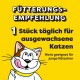 Cartoon-Katze mit einem verspielten Ausdruck auf gelbem Hintergrund, Text: "Füttern Sie 1 Stück täglich für erwachsene Katzen. Nicht geeignet für Kätzchen."