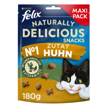 Felix Naturally Delicious Snacks, Maxi Pack, 180g, mit einer schwarz-weißen Katze und dem Text "N°1 Zutat Huhn" und "mit einem Hauch von Katzenminze."
