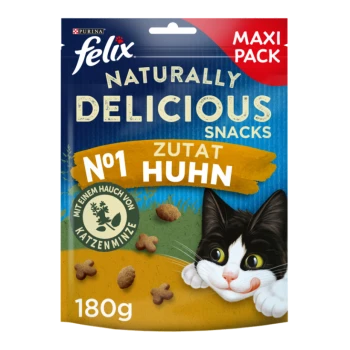 Felix Naturally Delicious Snacks, Maxi Pack, 180g, mit einer schwarz-weißen Katze und dem Text "N°1 Zutat Huhn" und "mit einem Hauch von Katzenminze."