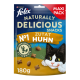 Felix Naturally Delicious Snacks, Maxi Pack, 180g, avec un chat noir et blanc et le texte "N°1 Zutat Huhn" et "mit einem Hauch von Katzenminze."