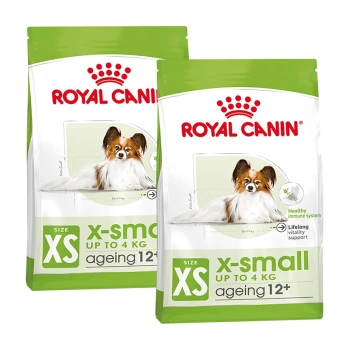 Two bags of Royal Canin dog food for small breeds, labeled "X-Small Ageing 12+" with a picture of a small dog and text highlighting health benefits.