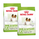 Zwei Beutel Royal Canin Hundefutter für kleine Rassen, beschriftet mit "X-Small Ageing 12+" mit einem Bild eines kleinen Hundes und Text, der gesundheitliche Vorteile hervorhebt.
