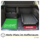 Autokofferraum mit Haustierzubehör: grüne "piupet"-Matte, faltbares Haustierbett und roter "ANDERE"-Bereich. Text: "Mehr Platz in deinem Kofferraum."