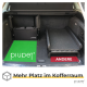 Autokofferraum mit Haustierzubehör: grüne "piupet"-Matte, faltbares Haustierbett und roter "ANDERE"-Bereich. Text: "Mehr Platz in deinem Kofferraum."