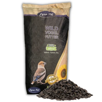 Ein Sack Lyra Pet Wildvogelfutter mit einer bunten Vogelillustration, beschriftet mit '100% natürlich' und 'Wild Vogel Futter', mit Sonnenblumenkernen davor.