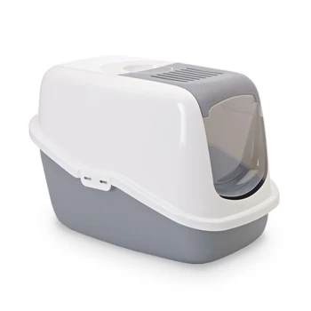 Eine moderne, zweifarbige Katzentoilette in Weiß und Grau, mit einer transparenten Fronttür und Belüftungsschlitzen oben.