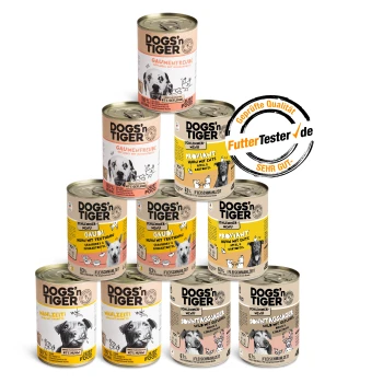 Pyramide von DOGS'n TIGER Tierfutterdosen mit den Geschmacksrichtungen "Gaumenfreude", "Provant" und "Mahlzeit", die ein Qualitätssiegel zeigt.