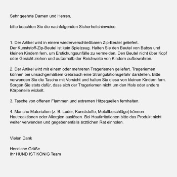 Sicherheitsanweisungen für einen wiederverwendbaren Zip-Beutel, Warnung vor der Verwendung als Spielzeug, Strangulationsgefahren und Materialallergierisiken.