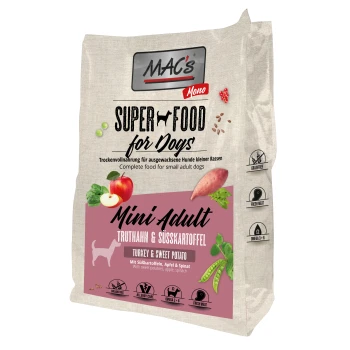 Dog Mono Mini Adult Trockenfutter Truthahn und Süßkartoffel 7 kg MAC's Super Food für Hunde, Mini Adult, Truthahn & Süßkartoffel: getreidefrei, frisches Fleisch, Omega 3 & 6, mit Süßkartoffeln, Apfel und Spinat.