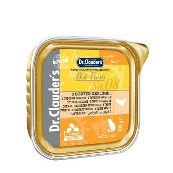 Dr. Clauder's Best Pearls No. 08 Katzenfutter in einer goldenen und gelben Verpackung, mit '3 Arten von Geflügel' in mehreren Sprachen, 100g Größe.