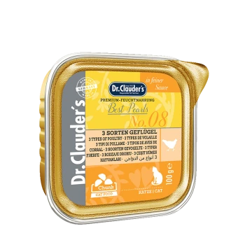 Dr. Clauder's Best Pearls No. 08 Katzenfutter in einer goldenen und gelben Verpackung, mit '3 Arten von Geflügel' in mehreren Sprachen, 100g Größe.