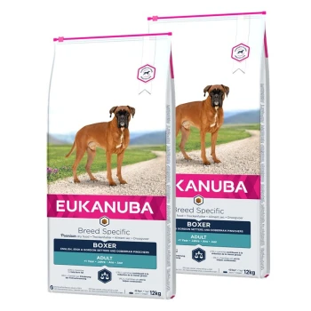 Zwei Tüten Eukanuba Breed Specific Trockenfutter für Boxer, jeweils 12 kg, mit einem Boxerhund auf der Vorderseite und Nährwertangaben.