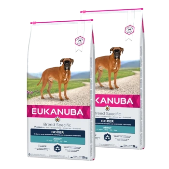 Zwei Tüten Eukanuba Breed Specific Trockenfutter für Boxer, jeweils 12 kg, mit einem Boxerhund auf der Vorderseite und Nährwertangaben.