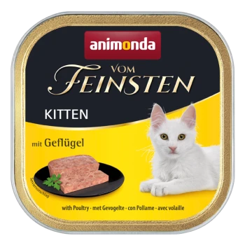 Eine Dose Animonda Vom Feinsten Kittenfutter, mit einem weißen Kätzchen neben einem Teller mit Fleisch, mit dem Text "mit Geflügel" und "mit Geflügel."