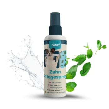 Zahnpflegespray für Hunde in einer Sprühflasche, mit einem Hund auf dem Etikett, mit Minzblättern und Wasserspritzgrafiken.