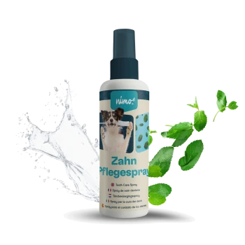 Zahnpflegespray für Hunde in einer Sprühflasche, mit einem Hund auf dem Etikett, mit Minzblättern und Wasserspritzgrafiken.