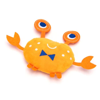 Ein niedliches, plüschiges orangenes Krabben-Spielzeug mit großen Augen und einer blauen Fliege, entworfen für Haustiere.