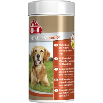 Multi Vitamin Tabletten - Senior 70 Tabletten Behälter mit 8in1 Vitality Multivitamin-Tabletten für ältere Hunde, mit einem Golden Retriever auf dem Etikett und mehrsprachigem Text.