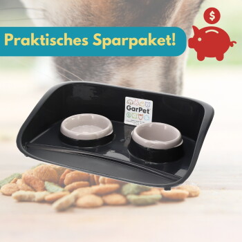 Schwarzes doppeltes Futtertablett mit zwei beigen Näpfen, GarPet-Label, Trockenfutter vorne und Banner mit der Aufschrift 'Praktisches Sparpaket!'.