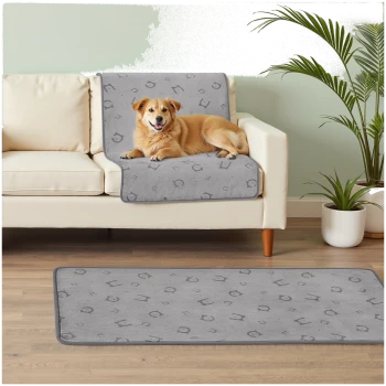 Goldener Hund liegt auf einer grau gemusterten Haustierdecke auf einem cremefarbenen Sofa mit passender Fußmatte und Topfpflanzen in der Nähe.