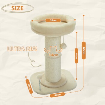 Katzenbaum mit einer plüschigen oberen Plattform (35 cm Durchmesser), Kratzpfosten (60 cm hoch) und einem verspielten Ball, beschriftet mit "ULTRA BIG!" und Größenangaben.