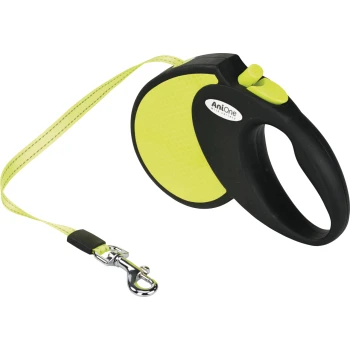 AniOne-Rollleine, schwarz und neon-gelb mit Reflektoreinsatz, ergonomischer Handschlaufe und Metallkarabiner.