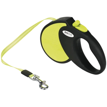 AniOne-Rollleine, schwarz und neon-gelb mit Reflektoreinsatz, ergonomischer Handschlaufe und Metallkarabiner.