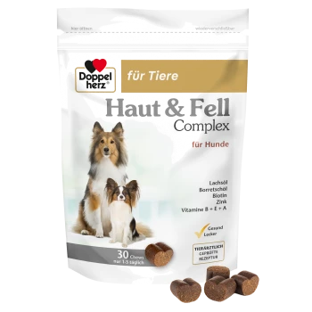 Doppelherz-Beutel „Haut & Fell Complex“ für Hunde, zwei Hunde, herzförmige Kausnacks, sichtbarer Text „30 Kausnacks“