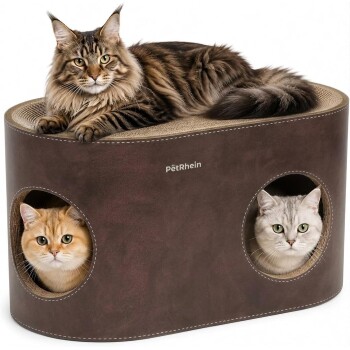 Braunes Katzenhäuschen mit Aufschrift „PetRhein“, darauf döst eine grau-weiße Katze, und eine dreifarbige Katze lugt aus einem runden Loch.