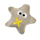 Ein plüschiges, sternförmiges Haustierspielzeug in Beige mit großen weißen und schwarzen Augen und einem gelben gestickten 'X' über dem Mund.