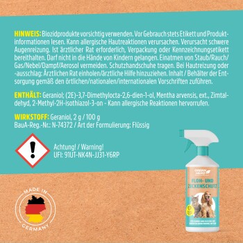 Etikett des Green Hero Floh- und Zecken-Schutzprodukts, mit einer 500 ml Flasche, mit einer Illustration von Katze und Hund und Text auf Deutsch.