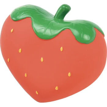 Rotes und grünes, erdbeerförmiges Kauspielzeug für Haustiere mit gelben Samendetails, aus strapazierfähigem Gummi.