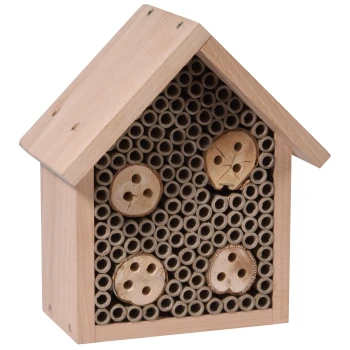 Nisthilfe Wildbienen Flip Holzinsektenhotel mit einem schrägen Dach, mit hohlen Röhren und Holzscheiben zum Nisten, ideal für nützliche Insekten.